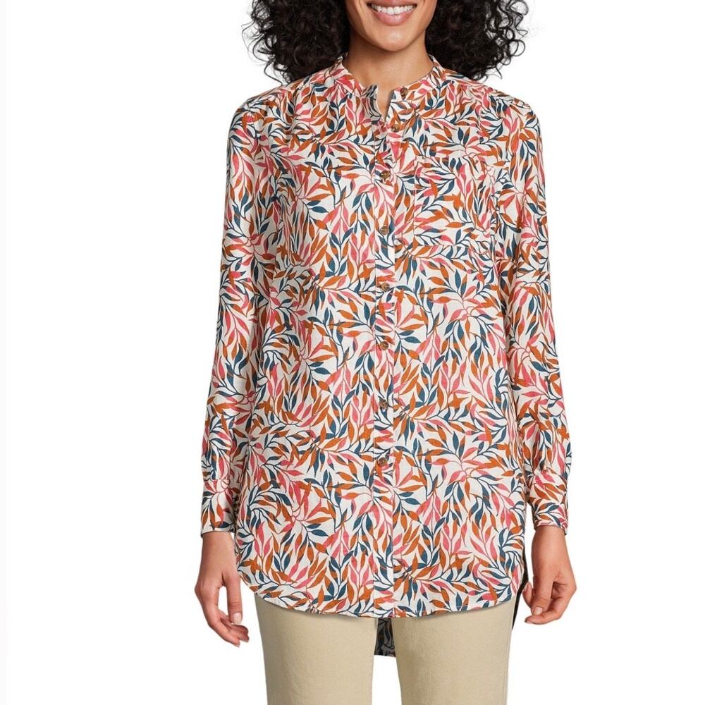 Lands' End Womens Tunic Top Size L 100% Linen Long Sleeve Pockets Resort Beach‎